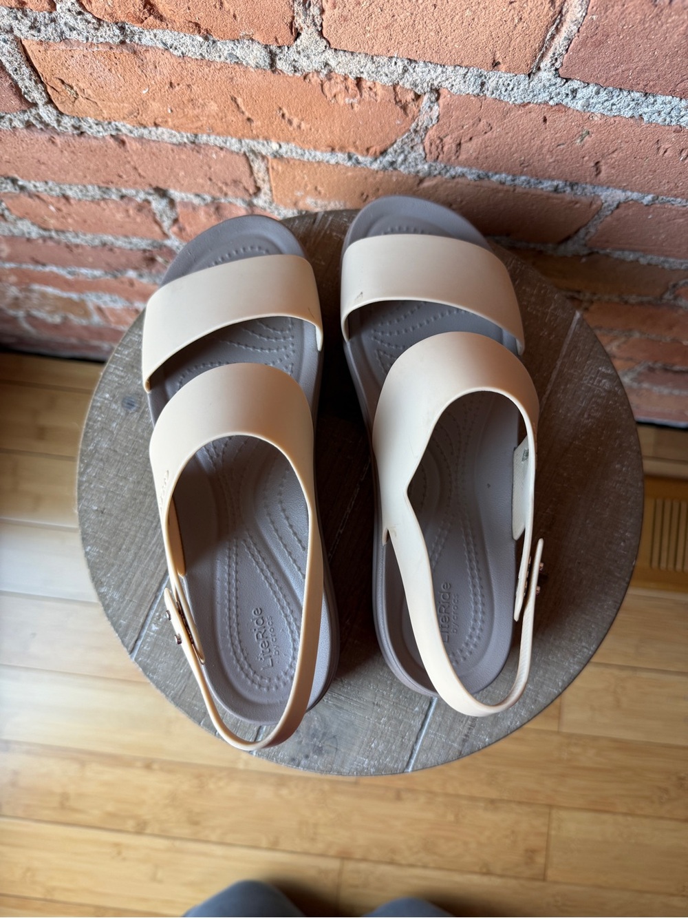 Women's Tan Cream Beige Platform Crocs Strap Sandals - Picture 3 of 7